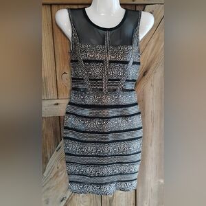 Poly USA Bodycon Dress Women Sz S Sheer Thick Beige Black Party